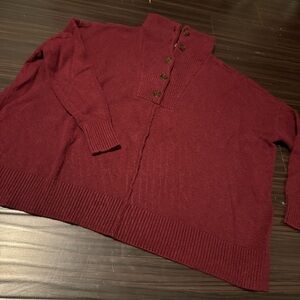 LOFT Maroon Red Mock Collar Neck Button Front Oversized Tunic Sweater Size Small